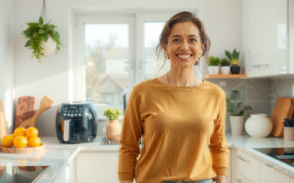 best air fryer with window — lifestyle photo showing HAIMEEC Air Fryer 4L, in use