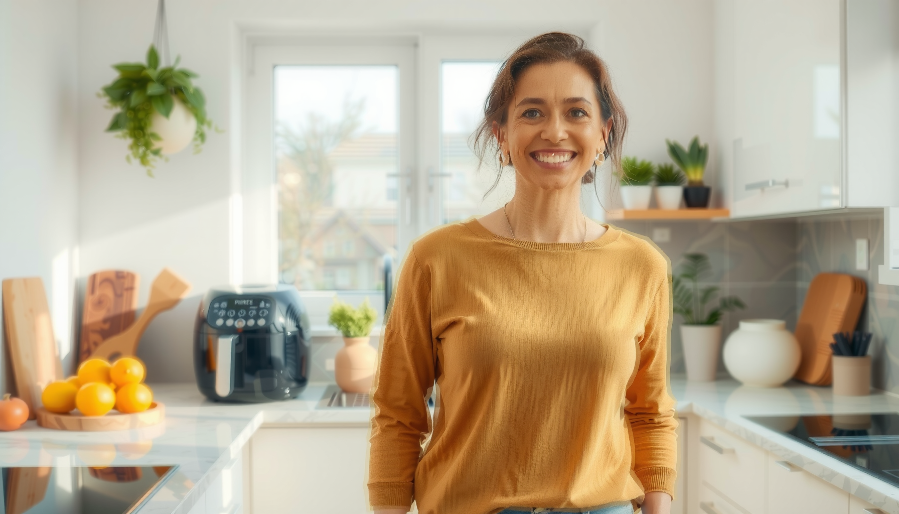 best air fryer with window — lifestyle photo showing HAIMEEC Air Fryer 4L, in use