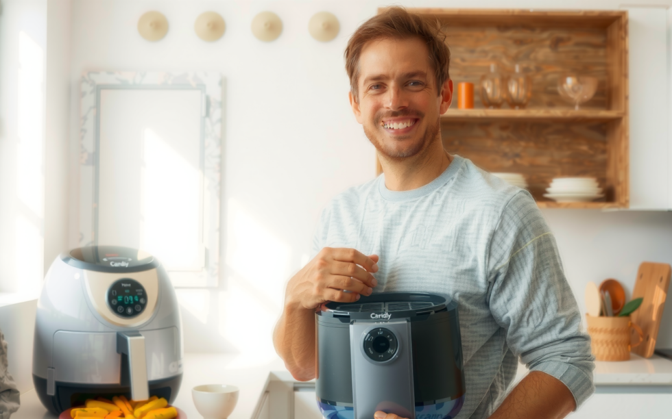 Salter EK4548 dual air fryer review — lifestyle photo showing Salter EK4548 Dual Air in use