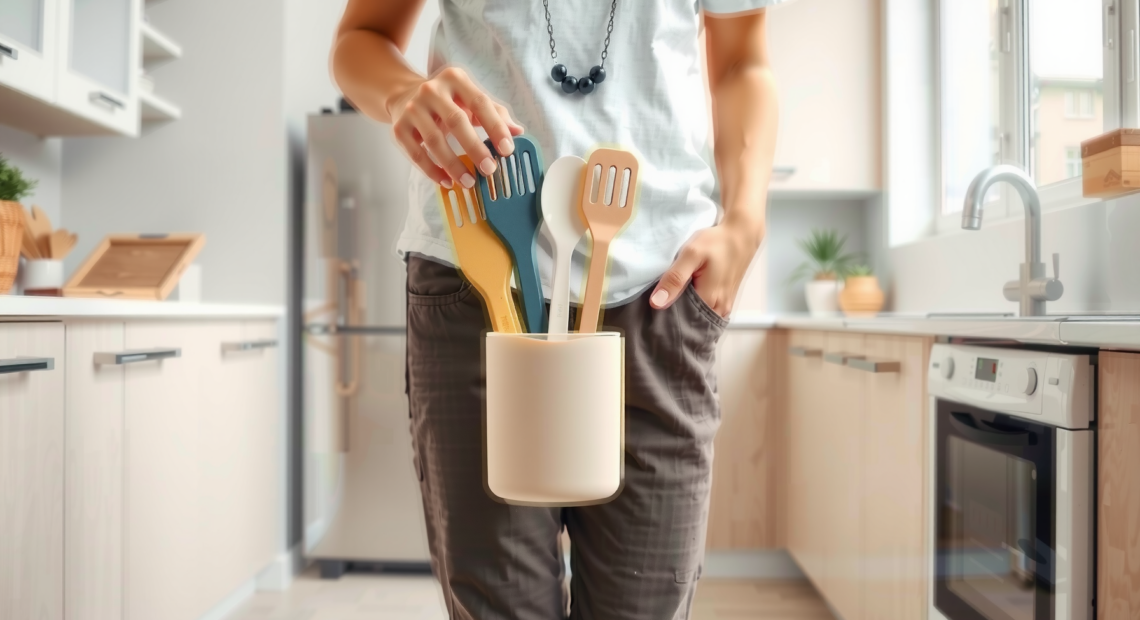 silicone kitchen utensils set with holder — lifestyle photo showing Herogo 12 Piece Silicone in use