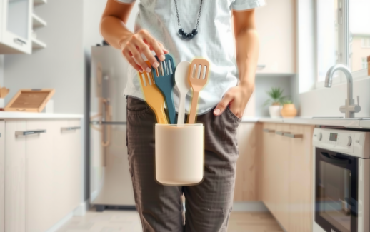 silicone kitchen utensils set with holder — lifestyle photo showing Herogo 12 Piece Silicone in use