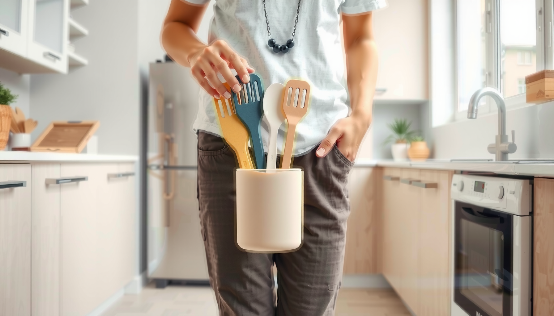 silicone kitchen utensils set with holder — lifestyle photo showing Herogo 12 Piece Silicone in use