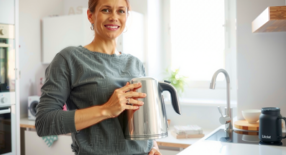 Russell Hobbs Textures 1.7L Cordless Kettle — lifestyle photo showing Russell Hobbs Textures 1.7L in use