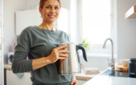 Russell Hobbs Textures 1.7L Cordless Kettle — lifestyle photo showing Russell Hobbs Textures 1.7L in use
