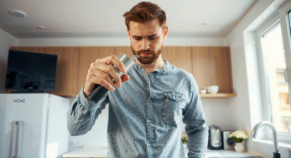 handheld milk frother — lifestyle photo showing Aerolatte Handheld Milk Frother in use