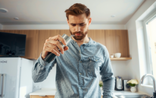 handheld milk frother — lifestyle photo showing Aerolatte Handheld Milk Frother in use
