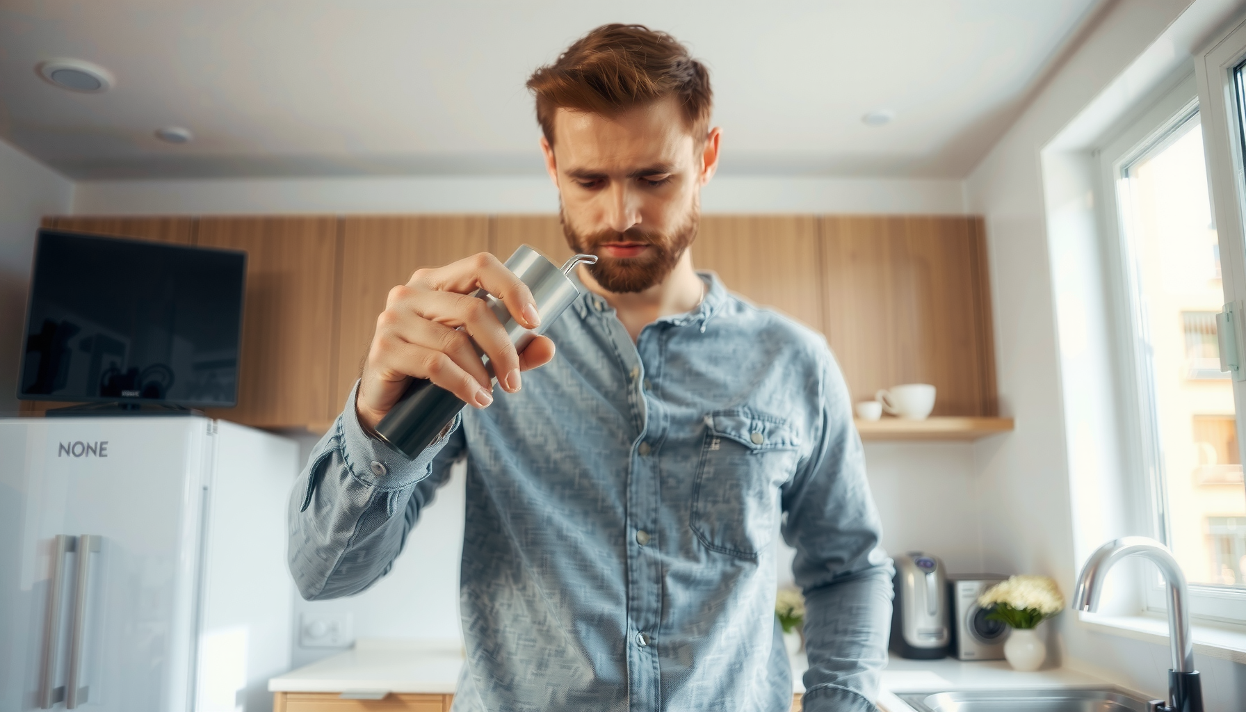 handheld milk frother — lifestyle photo showing Aerolatte Handheld Milk Frother in use