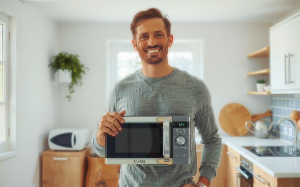 Russell Hobbs RHM2086SS microwave review — lifestyle photo showing Russell Hobbs RHM2086SS Classic in use