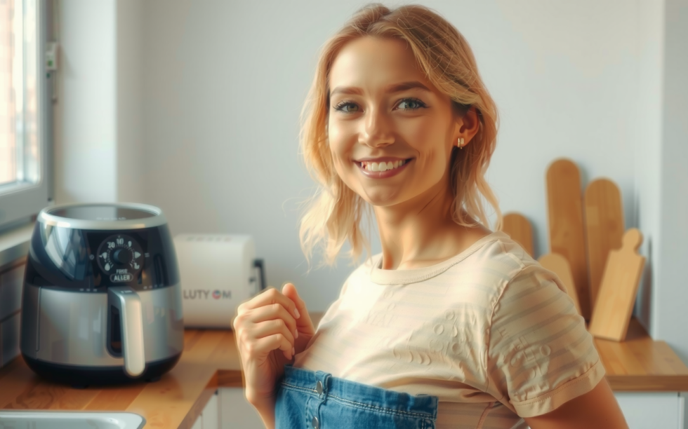 Swan SD10519BLU air fryer review — lifestyle photo showing Swan SD10519BLU Retro Dual in use