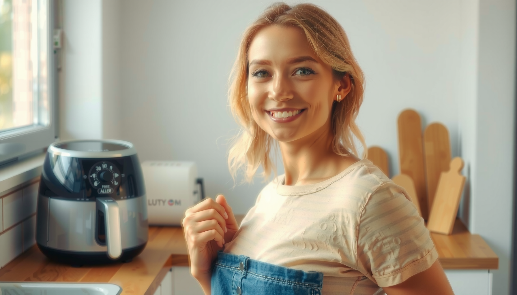Swan SD10519BLU air fryer review — lifestyle photo showing Swan SD10519BLU Retro Dual in use