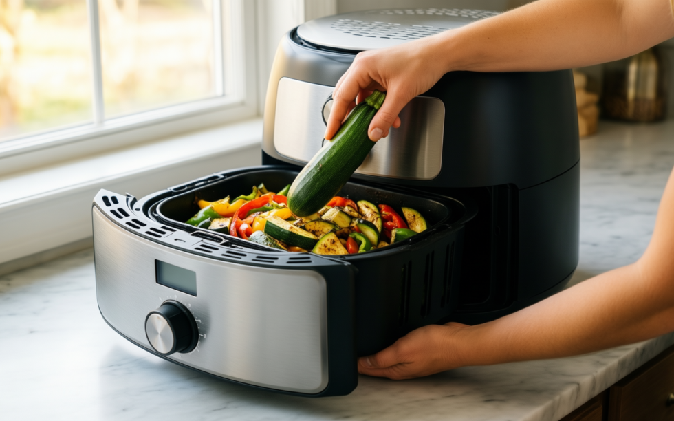 dual basket air fryer — illustrative AI-generated lifestyle image