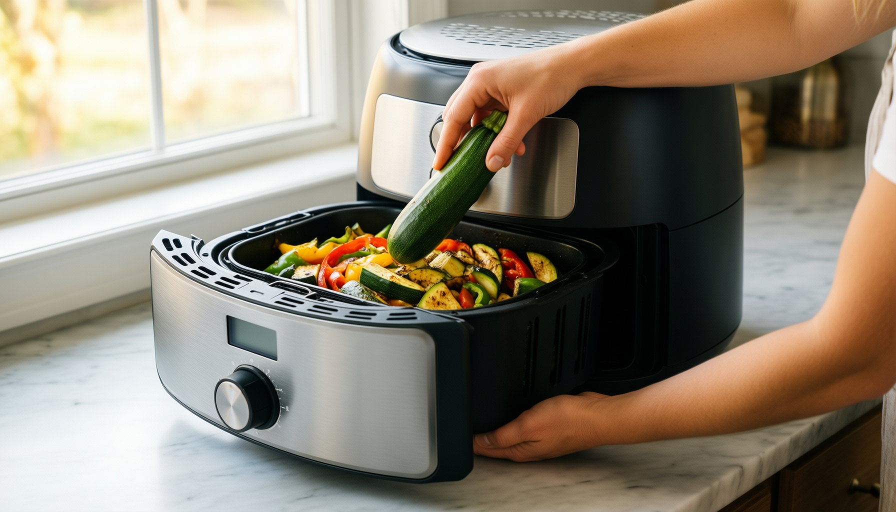 dual basket air fryer — illustrative AI-generated lifestyle image