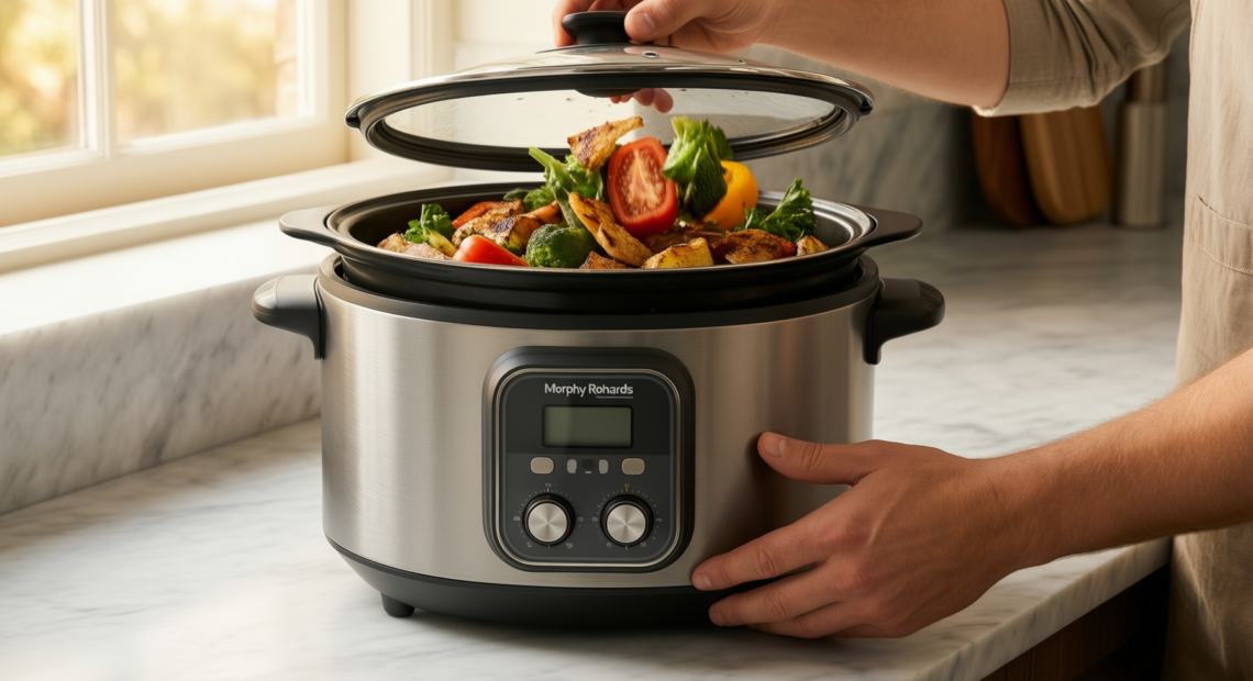 morphy richards sear and stew slow cooker review — illustrative AI-generated lifestyle image