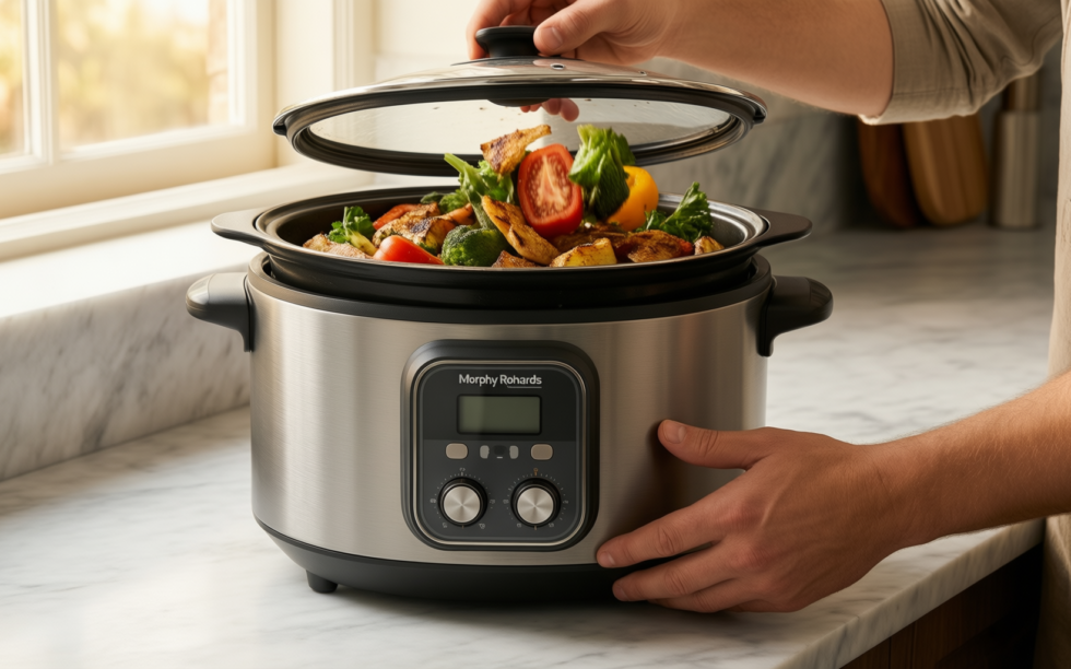 morphy richards sear and stew slow cooker review — illustrative AI-generated lifestyle image