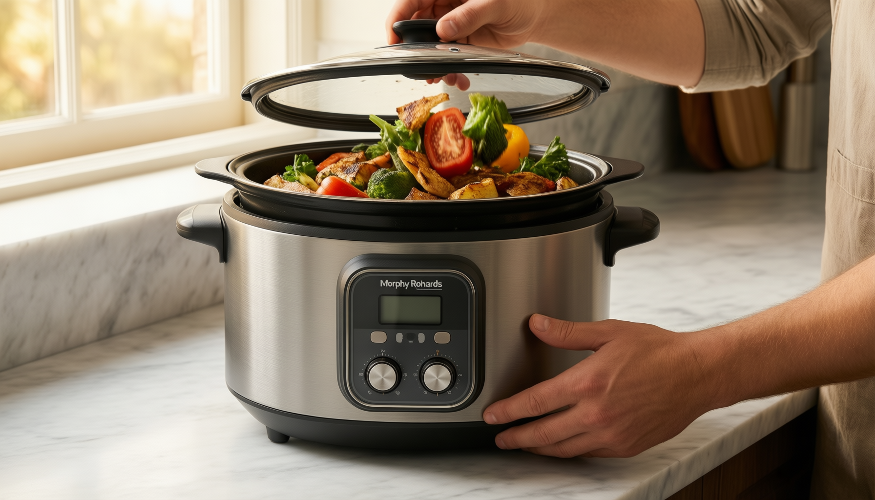 morphy richards sear and stew slow cooker review — illustrative AI-generated lifestyle image