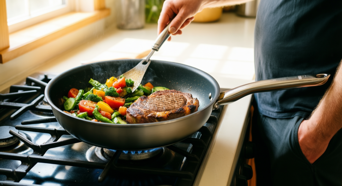 non stick cookware set with detachable handle — illustrative AI-generated lifestyle image