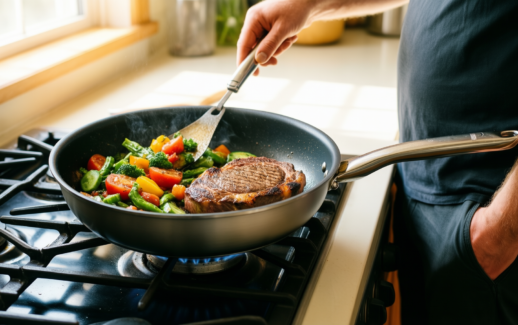 non stick cookware set with detachable handle — illustrative AI-generated lifestyle image