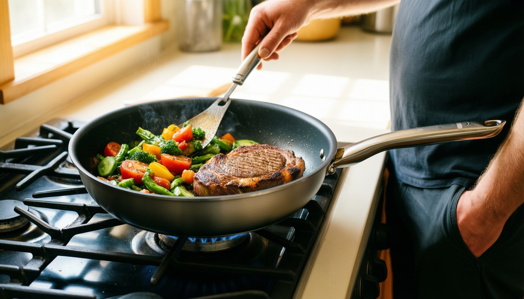 non stick cookware set with detachable handle — illustrative AI-generated lifestyle image