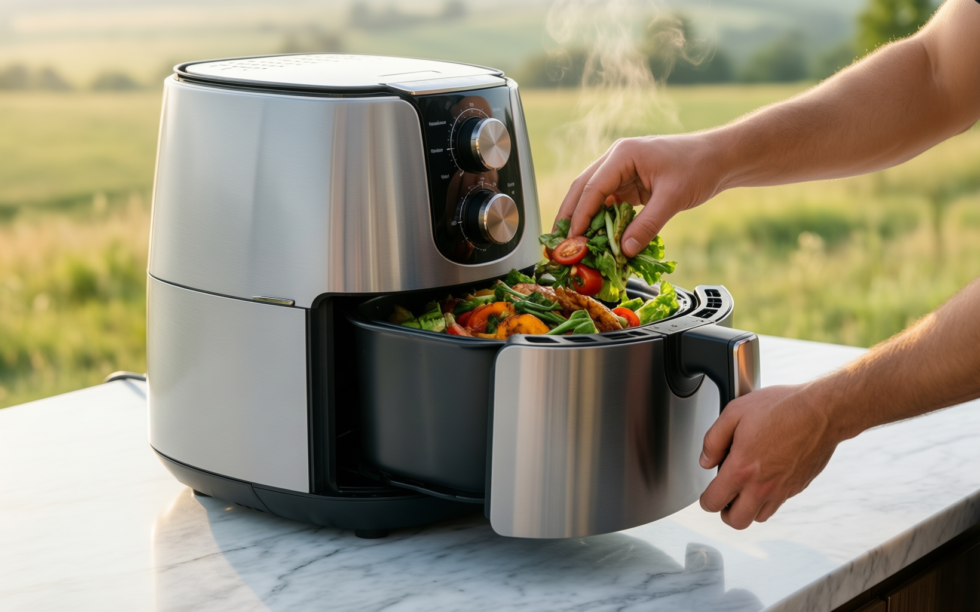 nutrichef 5 5l air fryer with glass window — illustrative AI-generated lifestyle image