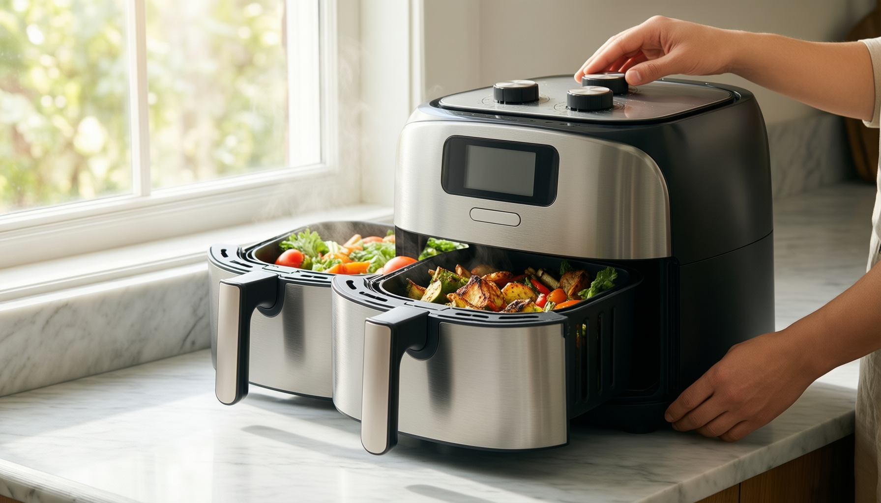 russell hobbs dual air fryer 9l review — illustrative AI-generated lifestyle image