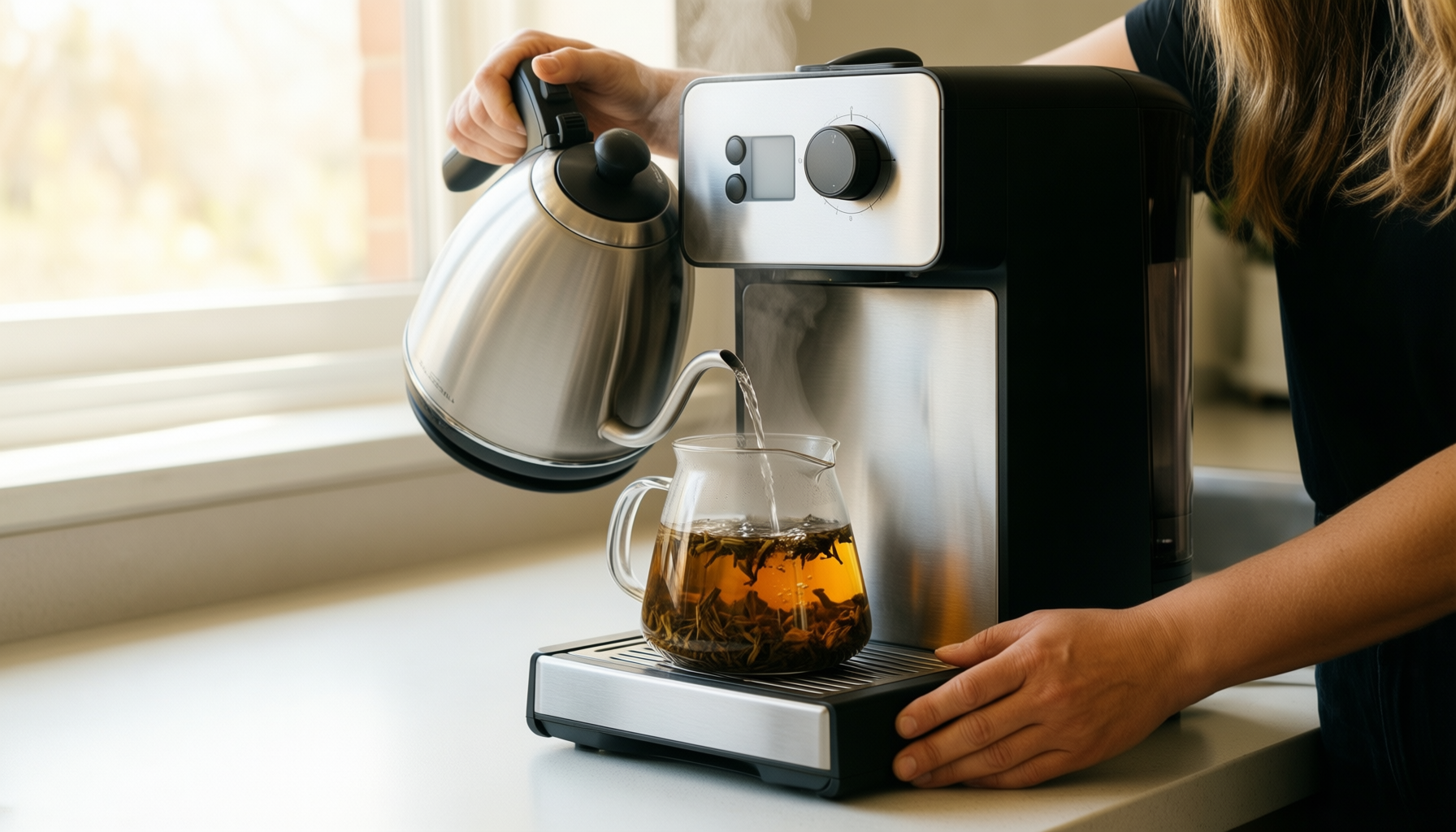electric gooseneck kettle — illustrative AI-generated lifestyle image
