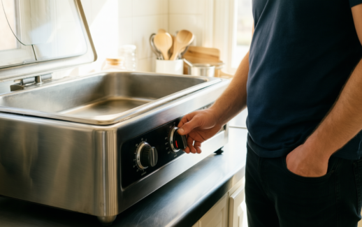large food warmer tray — illustrative AI-generated lifestyle image