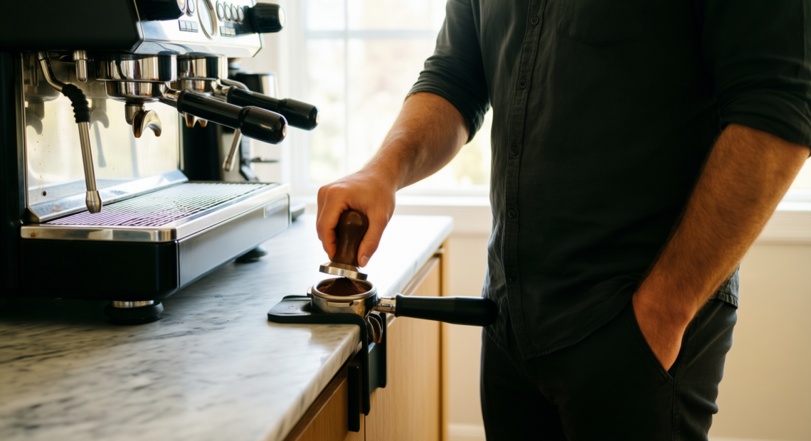51mm espresso puck screen — illustrative AI-generated lifestyle image