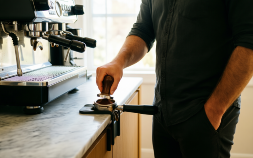 51mm espresso puck screen — illustrative AI-generated lifestyle image