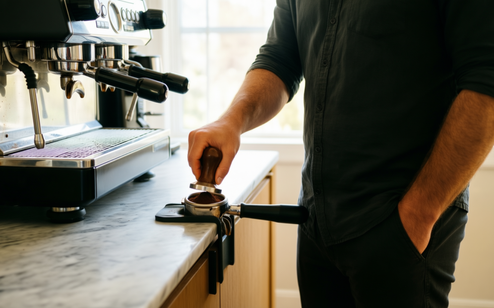 51mm espresso puck screen — illustrative AI-generated lifestyle image