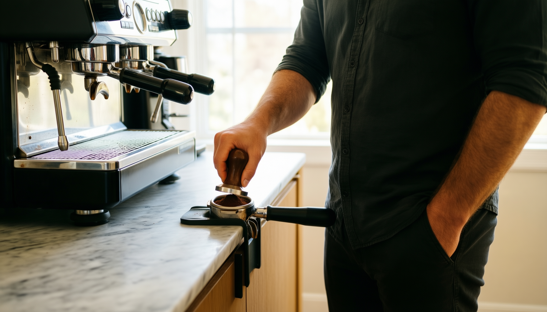51mm espresso puck screen — illustrative AI-generated lifestyle image