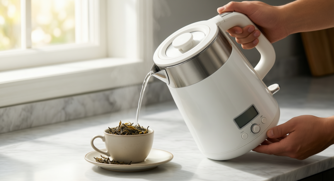 russell hobbs honeycomb white cordless kettle — illustrative AI-generated lifestyle image