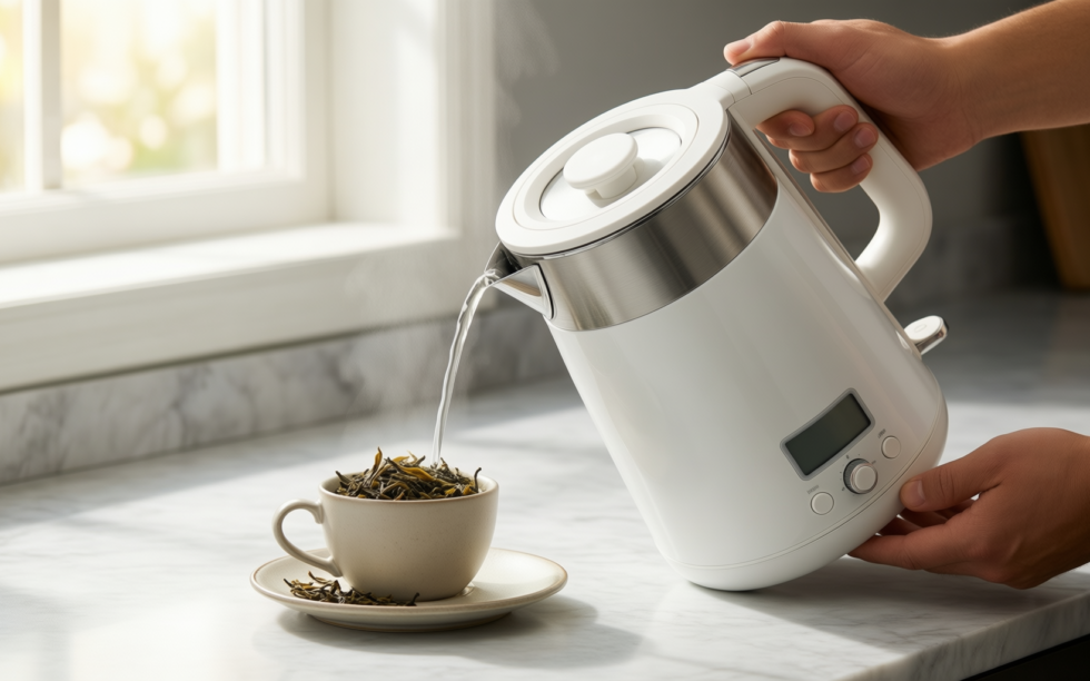 russell hobbs honeycomb white cordless kettle — illustrative AI-generated lifestyle image