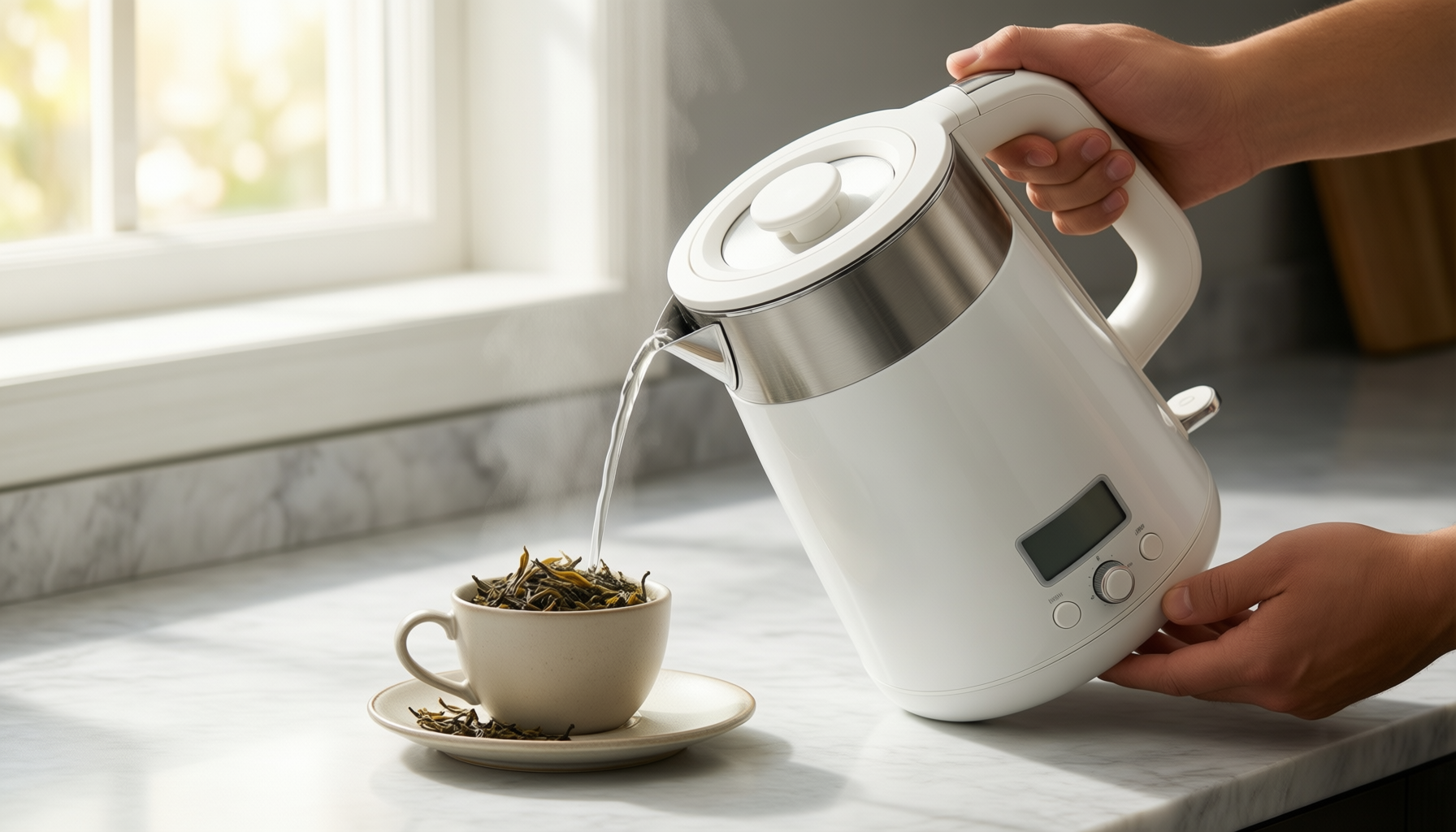russell hobbs honeycomb white cordless kettle — illustrative AI-generated lifestyle image