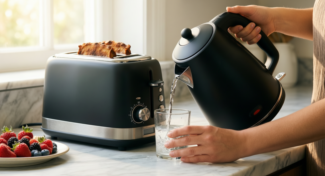 morphy richards motive kettle and toaster — illustrative AI-generated lifestyle image