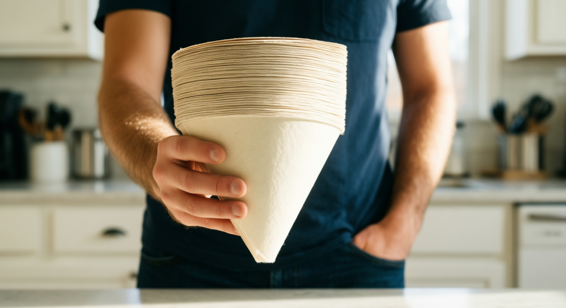 140 pcs coffee filter papers — illustrative AI-generated lifestyle image